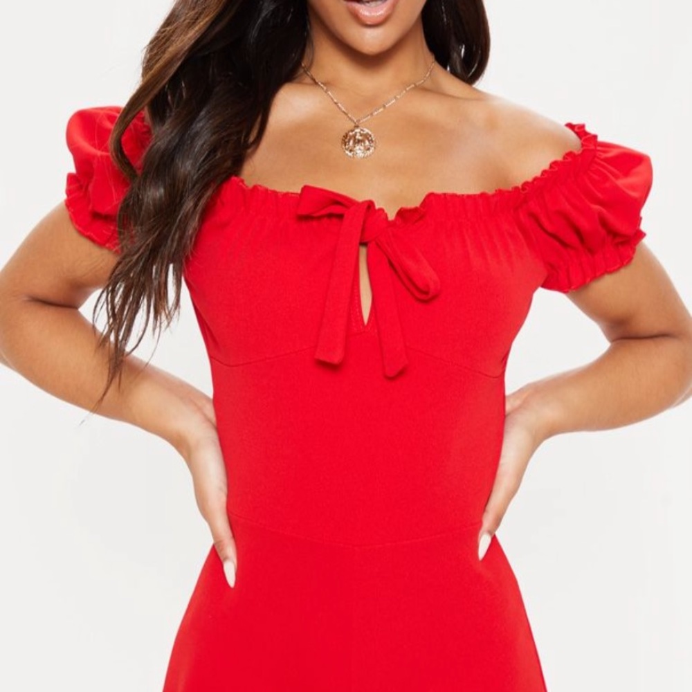 Red Ruffle Detail Romper. US 4